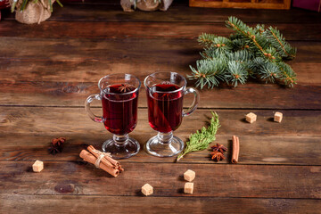 Hot mulled wine for winter and Christmas with various spices