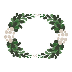 Merry Christmas and Happy New Year vector stock illustration in flat style. Greeting card element with winter floral. Christmas wreath isolated on white background for your winter design.