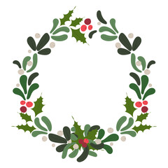 Merry Christmas and Happy New Year vector stock illustration in flat style. Greeting card element with winter floral. Christmas wreath isolated on white background for your winter design.