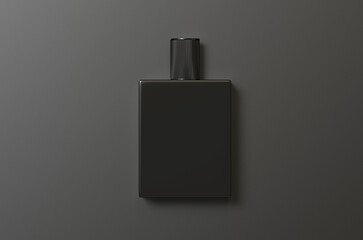 Black fragrance perfume bottle mockup on dark empty background, 3d illustration
