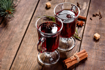 Hot mulled wine for winter and Christmas with various spices