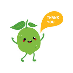 Cute cartoon style citrus green lime character with speech bubble showing appreciation, saying thank you.
