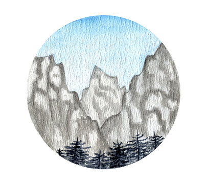 Watercolor landscape mountains in a circle with fir trees.Traditional drawing. Isolated on a white background. Icon, banner, poster.