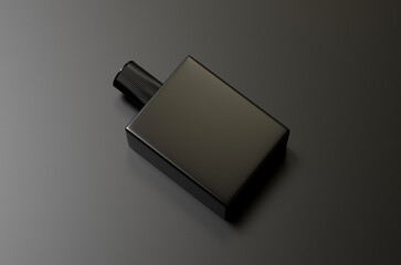 Black fragrance perfume bottle mockup on dark empty background, 3d illustration