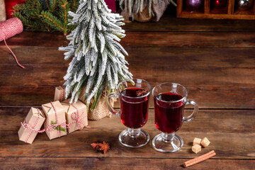Hot mulled wine for winter and Christmas with various spices
