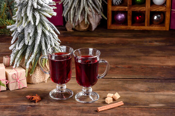 Hot mulled wine for winter and Christmas with various spices