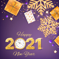 2021 Happy New Year. Golden Numbers with sequins and wall clock. Background, card with golden snowflakes sprinkled with sparkle, gift boxes, bolls, cookies in the shape of stars.