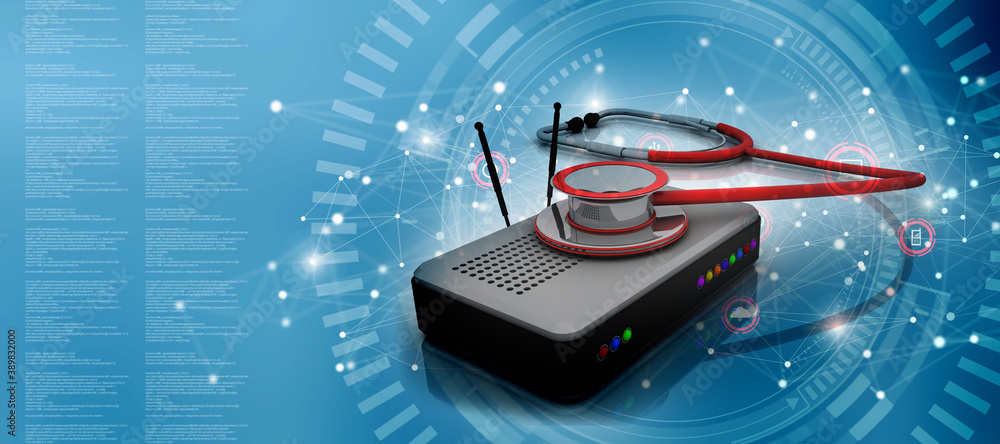 Poster 3d rendering transmitter wifi with stethoscope