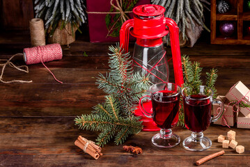Hot mulled wine for winter and Christmas with various spices
