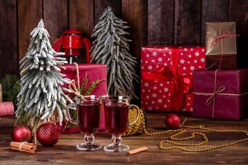 Hot mulled wine for winter and Christmas with various spices