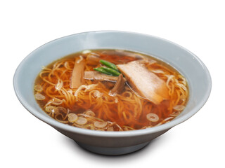Japanese soba noodles in a hot soup with pork and green onion isolate white background