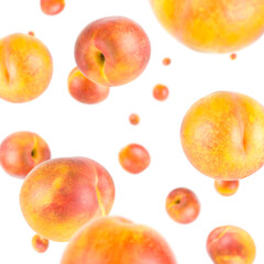 Many peaches free falling on white background. Selective focus - shallow depth of field.