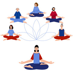 Yoga is for Everyone. Group of Pople Difrent Age Meditate Together to feel more Relaxed, Clam and Free. Meditating in Yoga pose.