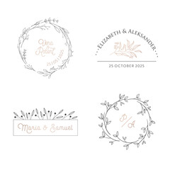 Wedding floral monogram modern collection, minimalistic laurel vector templates, wreath for Invitation