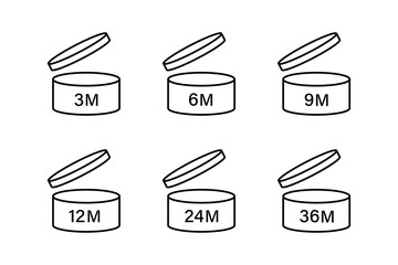 Period after opening icons. Expiration date. Open box with a cap. Label for packaging.