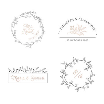 Wedding floral monogram modern collection, minimalistic laurel vector templates, wreath for Invitation