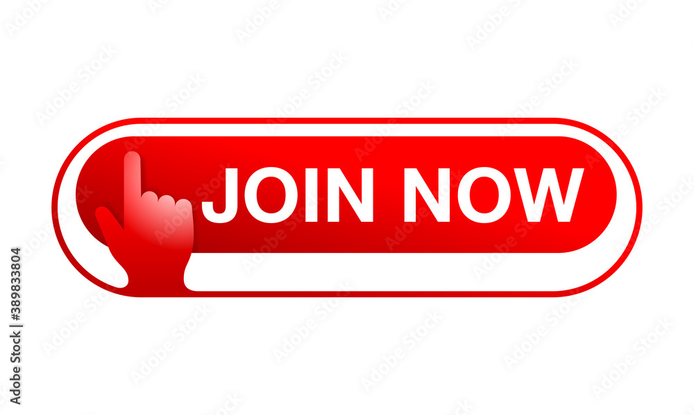 Aufkleber join us now web button - rounded active banner ui element with text and pointing hand icon - website