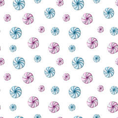 Christmas watercolor peppermint candy seamless pattern on white background. Ideal for scrapbooking, wrapping, fabric, textile, background. Winter holidays