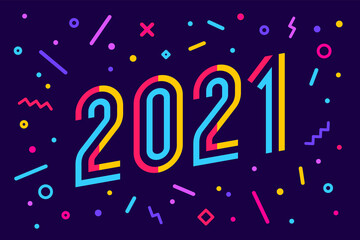 2021. Greeting card with inscription 2021. Geometric bright style for 2021. Holiday background, poster. Vector Illustration