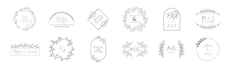 Wedding monogram modern collection, minimalistic floral vector templates, wreath for Invitation - obrazy, fototapety, plakaty