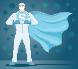 Illustration with super doctor in protective mask and with stethoscope on blue background.