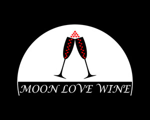 Moon and two wine glasses with hearts inside. They are clink and cheers. Design for print, dates, love romantic and other ideas. White silhouettes on a black background. Isolated vector illustration.