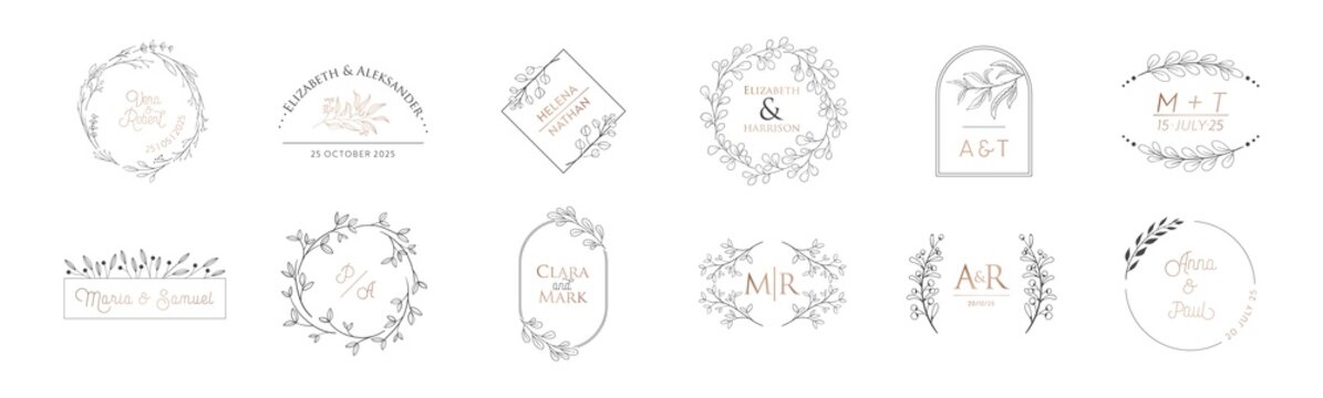 Wedding monogram modern collection, minimalistic floral vector templates, wreath for Invitation