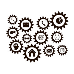 Vector collection of flat business icons. Gears, diagram, email, case, arrows, man, alarm clock, pointer and house