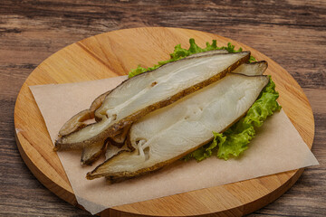 Delicous smoked halibut slices snack