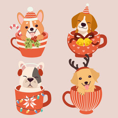 The collection of cute dog sitting in the mup cup withh christmas party theme. Graphic resource for graphic,content , banner, sticker label and greeting card.
