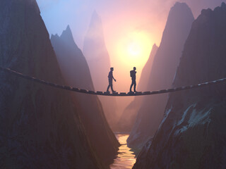 two people walking on the bridge