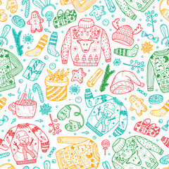 Ugly Xmas Sweater Party. Vector Christmas Seamless pattern. Hand Drawn Doodle Christmas festive knitted clothes, gifts boxes, sweets, gingerbread cookies, mulled wine, spice. Holiday background