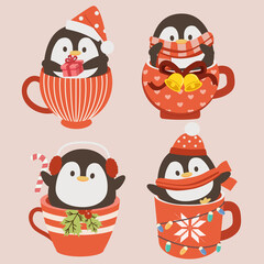 The collection of cute penguin in the christmas cup in flat vector style. Graphic resource about christmas theme for graphic,content , banner, sticker label and greeting card.