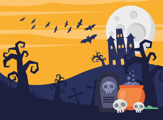 happy halloween card with haunted castle and cauldron in cemetery