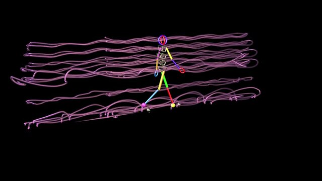 Gait recognition with motion paths of human character walking . Lines indicate positions of head , hands ,  pelvis torso, legs , feet, spine as it moves through time and space.3d animation rendering