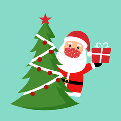 Santa Claus wearing red medical face mask holding gift behind Christmas tree flat design. Merry Christmas 2020 festival celebration in Covid-19 Coronavirus outbreak concept vector illustration.