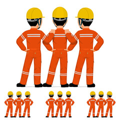 Three industrial worker standing together on white background