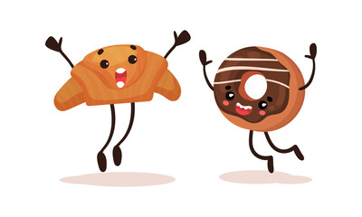 Cute Kawaii Croissant and Chocolate Doughnut with Face and Arms Vector Set