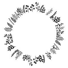 frame with leaves. Organic white black tea shop label template. Botanical illustration. Vintage style. Black and white.