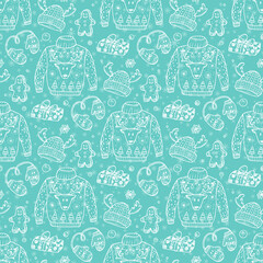 Ugly Christmas Sweater Party Holiday background. Vector Xmas Seamless pattern. Hand Drawn Doodle Christmas festive knitted clothes, gift boxes, sweets, gingerbread cookies.