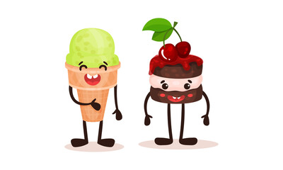 Cute Kawaii Ice Cream and Chocolate Cake with Face and Arms Vector Set