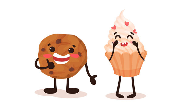 Cute Kawaii Cupcake and Chocolate Cookie with Face and Arms Vector Set