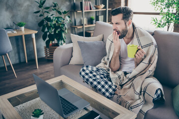 Full size photo of frustrated guy dont know what do quarantine watch laptop boring series hand mouth yawn hold tea cup sit divan plaid blanket cover in house indoors