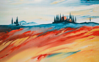 beautiful modern acrylic painting of a colorful Tuscan landscape in orange, blue, red and yellow with horizon, house, trees and cypresses with flowing paint, copy space