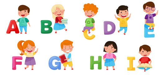 Cheerful Kids and Big Alphabet Letters Vector Set