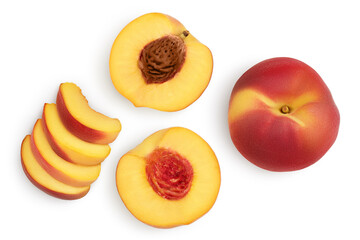 Fototapeta na wymiar ripe peach isolated on white background with clipping path. Top view. Flat lay pattern