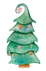 Christmas tree with new year toys. Fancy spruce. Red star at the top. Isolated on white. Abstract hand-drawn watercolor element. Perfect for Happy New Year cards and Merry christmas