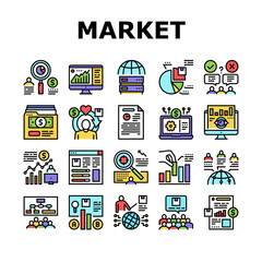 Market Research And Analysis Icons Set Vector. Market Statistic Infographic And Researching, Presentation And Business Meeting, Report And Plan Concept Linear Pictograms. Color Contour Illustrations