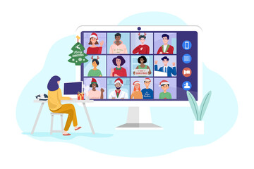 Young woman having video conference on computer with her friends at home. Vector