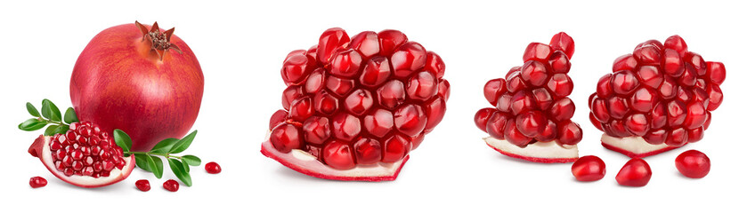 Pomegranate with leaf isolated on white background with clipping path and full depth of field. Set...